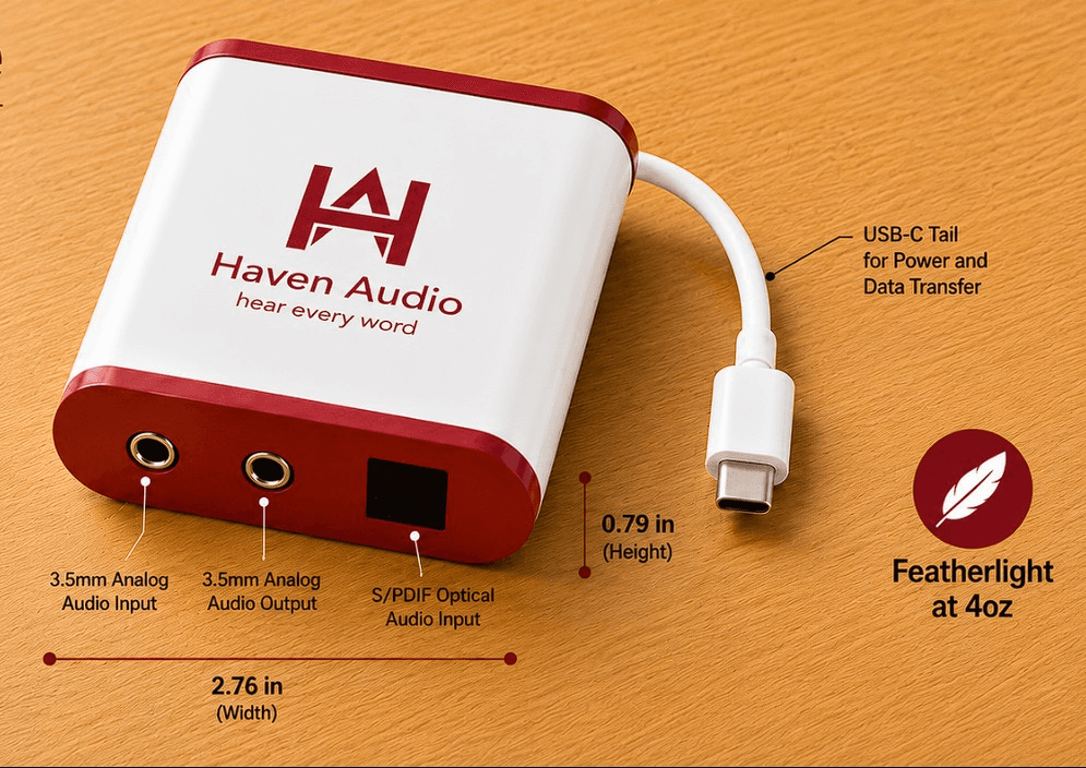 Haven Audio Solace with labeled 3.5mm input/output, S/PDIF optical input, USB-C power tail, and dimensions