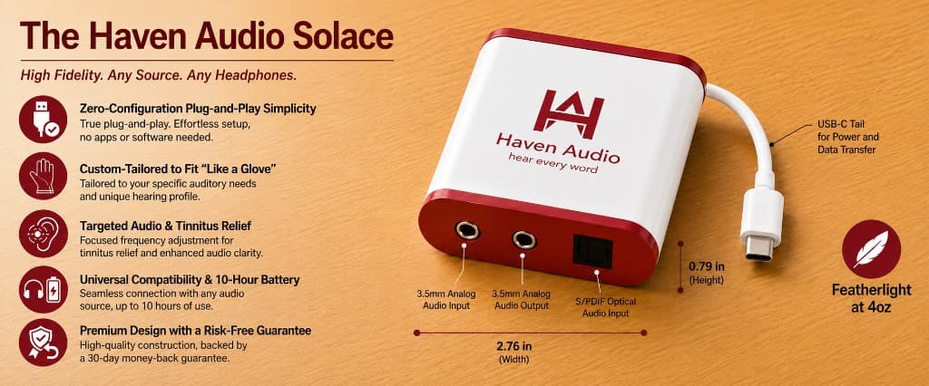 The Haven Audio Solace product showcase – plug-and-play features, ports, dimensions, and featherlight 4oz design